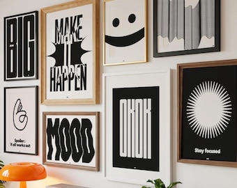 8 Prints set, Black White Wall Art Bundle – Bold Statement Gallery Wall Set – Dopamine Decor – Printable Digital Download
