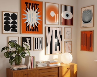 Bold Wall Art Bundle 12 Prints – Orange Black White Gallery Wall – Dopamine Decor – Motivational Poster – Digital Download