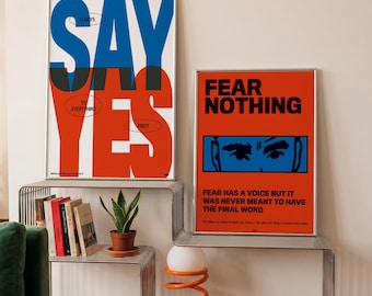 Say Yes Fear Nothing Print Set of 2 – Bold Red Blue Wall Art – Motivational Poster Set – Dopamine Decor – Digital Download