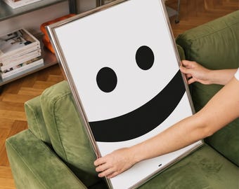Smiley Face Print – Black White Minimalist Wall Art – Retro Happy Face Poster – Dopamine Decor – Digital Download