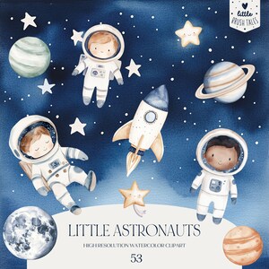 Set di clipart con simpatici astronauti ad acquerello, clipart a tema spaziale, clipart ad acquerello, pianeti, stelle, astronave, clipart in stile asilo nido, PNG