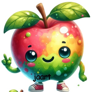 May include: Three cartoon apples with smiling faces and the word "jaart" written on each. The largest apple is red, green, and yellow with paint splatters. The two smaller apples are red.