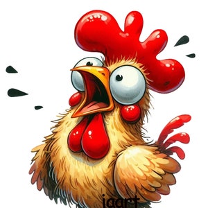 Op de afbeelding: Een cartoonillustratie van een verraste gele kip met een rode keellap en kam, een wijd open snavel en grote, ronde ogen. De kip staat op twee poten met oranje voeten en heeft een rode staartveer.