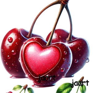 May include: Three red cherries with shiny, wet surfaces. The middle cherry has a heart-shaped design. The cherries are on a white background.