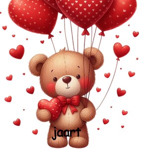 May include: A brown teddy bear holding a red heart-shaped balloon is surrounded by red heart-shaped balloons with white polka dots. The bear is wearing a red bow tie and the text "jaart" is written below the bear.