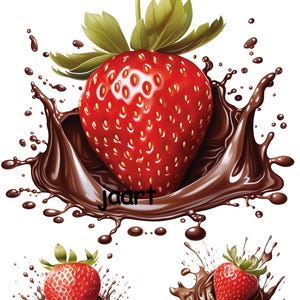 Può includere: Una fragola rossa è immersa in una fontana di cioccolato, con cioccolato che schizza intorno a lei. La fragola è circondata da un vortice di cioccolato. L'immagine viene ripetuta tre volte, con la fragola in posizioni diverse.