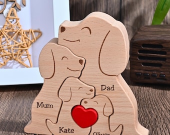 Personalisiertes Hundefamilien-Puzzle, hölzernes niedliches Welpen-Puzzle, graviertes Familiennamen-Andenken, Jahrestagsgeschenk für Mama Papa, Hundeliebhaber Geschenk