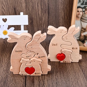 Puzzle de famille en bois avec lapin de Pâques, décoration de famille, cadeau de nouvelle maman, cadeau de mariage, cadeau de Pâques pour les parents, cadeau d'anniversaire pour maman et grand-mère