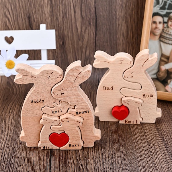 Wooden Rabbit Family Puzzle, Easter Bunny Family Decor New Mom Gift, Wedding Gift, Easter Gift for Parents, Anniversary Gift for Mom Grandma