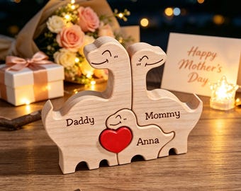 Rompecabezas de madera de dinosaurios para la familia, regalo para la familia de 3, adorno grabado con el nombre del dinosaurio, regalo de cumpleaños para la esposa, regalo del primer Día de la Madre para la hija, regalos para mamá