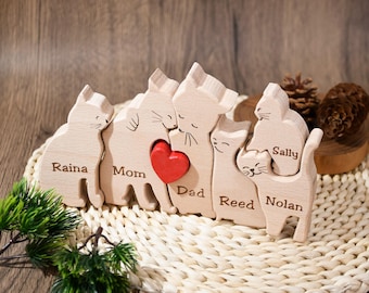 Wooden Cat Family Puzzle of 2-7, Animal Family Decor, New Mom Gift, Cat Ornament Wedding Gift, Family Keepsake Gift, Father's Day from Cat