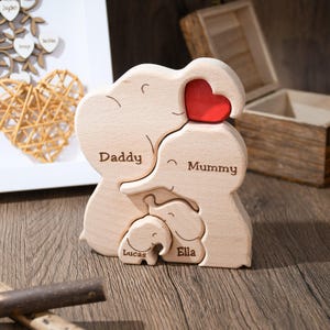 Wooden Elephant Family Puzzle, Animal Family Decor, New Mom Gift, Wedding Anniversary Gifts, Family Name Keepsake, Mother&#39;s Day Gift for Mom