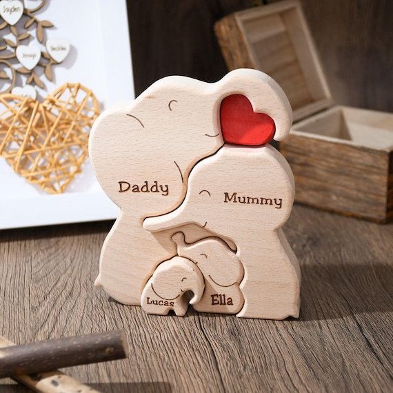 Wooden Elephant Family Puzzle, Animal Family Decor, New Mom Gift, Wedding Anniversary Gifts, Family Name Keepsake, Mother's Day Gift for Mom