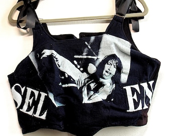 Top bustier haut court corset Upcycle fait main Selena graphique