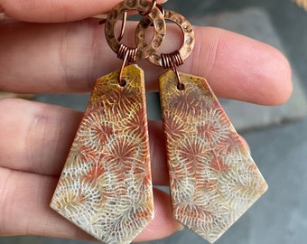 Indonesian Fossil Coral and Copper Earrings