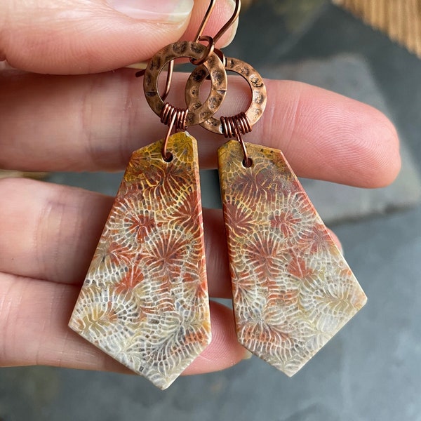 Indonesian Fossil Coral and Copper Earrings