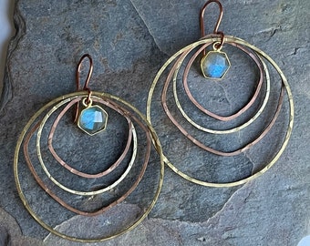 Mixed Metal Hoops with Flashy Labradorite Charms, Handmade Statement Earrings