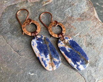 Sodalite and Copper Earrings, One of a Kind, Natural Gemstone Kind