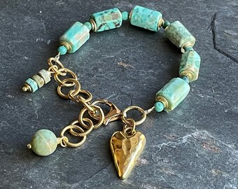 Gold Chrysocolla and Turquoise Charm Bracelet