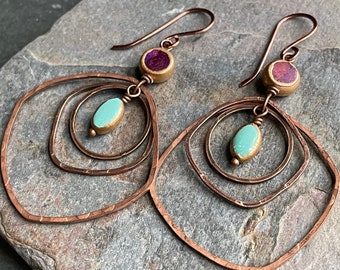 Turquoise and Copper, One of a Kind, Handmade Earrings, Sundance Style, Purple and Blue Turquoise with Copper Rings