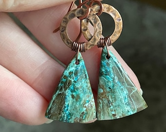 Blue Triangular Chrysocolla and Copper Earrings, OOAK, Handmade