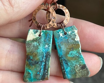 Natural Chrysocolla Slices with Hammered Copper Rings, Earrings