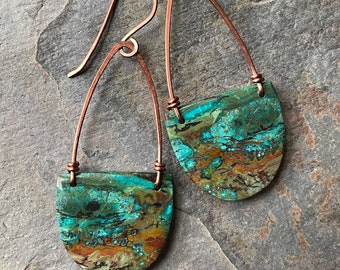 Chrysocolla and Copper Earrings, One Of A Kind, Natural Gemstones, Striking Color