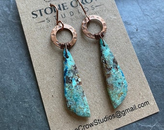 Blue Chrysocolla and Copper Earrings, Handmade, One of a Kind, Statement Earrings