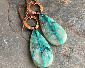 Vivid Blue Chrysocolla Teardrop Earrings, Copper Details, Natural One of a Kind Gemstone Earrings