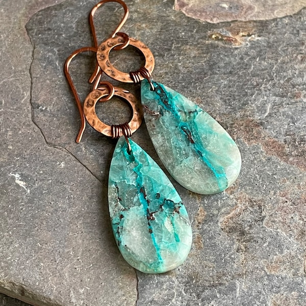 Vivid Blue Chrysocolla Teardrop Earrings, Copper Details, Natural One of a Kind Gemstone Earrings