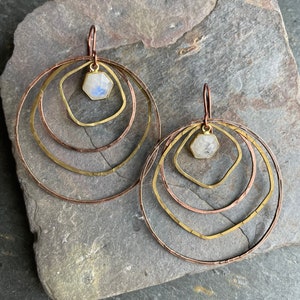 Big Mixed Metal Hoops with Moonstone Charms image 3