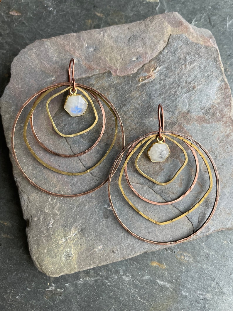 Big Mixed Metal Hoops with Moonstone Charms image 3