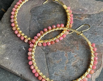 Pink Tourmaline Wrapped Gold Hoops