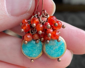 Turquoise and Carnelian, One Of A Kind, Handmade Gemstone Earrings, Sundance Style