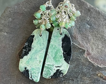 Gemstone Earrings, Minty Green Turquoise Slices with Chrysoprase Bead Dangles, One Of A Kind