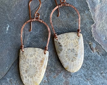 Indonesian Fossil Coral and Copper Earrings