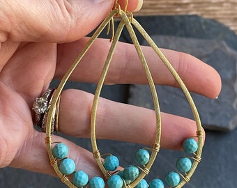 Large Gold Teardrop Hoops with Wrapped Turquoise Beads