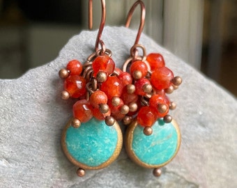 Turquoise and Carnelian, One Of A Kind, Handmade Gemstone Earrings, Sundance Style
