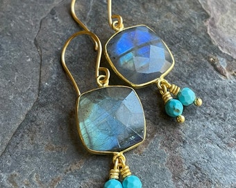 Labradorite, Turquoise and Gold Earrings, Sundance Style