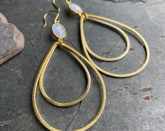 Moonstone and Gold Large Teardrop Hoop Earrings