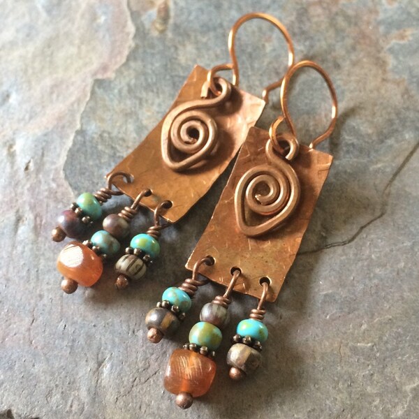 Hammered Copper and Czech Glass Dangle Earrings