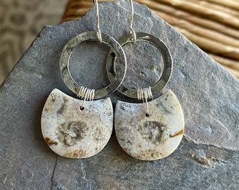 Indonesian Fossil Coral and Silver Earrings, Handmade and One of a Kind Statement Earrings