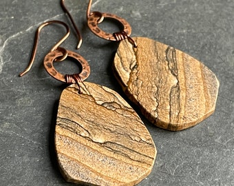 Beautiful Natural Brown Picture Jasper Rough Cut Stone and Copper Earrings