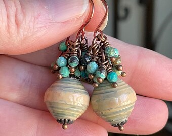 Handmade Lacquered Paper Beads with Tiny Turquoise Bead Dangle Earrings