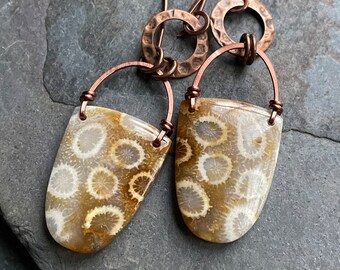 Indonesian Fossil Coral and Copper Earrings, Natural Gemstone Earrings, One Of A Kind