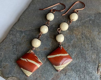 Red River Jasper, Petrified Wood and Copper Long Dangle Earrings