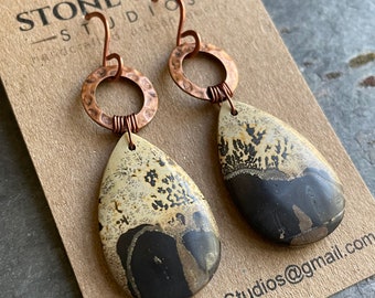 Natural Chohua Jasper and Copper Earrings, One of a Kind, Handmade, Natural Gemstone Earrings