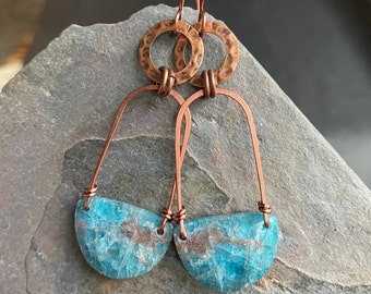 Copper and Apatite, One Of A Kind, Handmade Earrings, Gemstone Statement Earrings