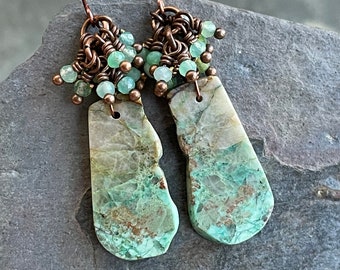 Chrysocolla Natural Slice Earrings with Green Chrysoprase Bead Dangles, One of a Kind, Handmade, Statement Earrings