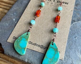 Gemstone Earrings, Turquoise, Carnelian, Amazonite Long Dangles